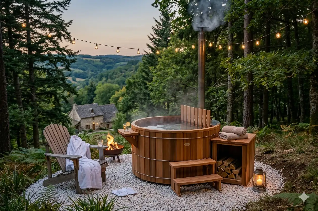 Bain nordique en cèdre rouge lors d'une soirée d'hiver